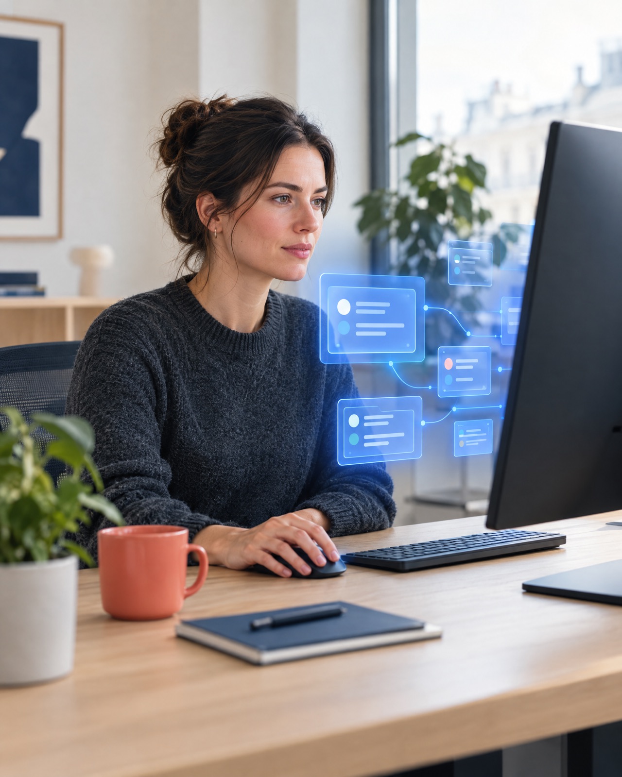 Service desk engineer at work, with a subtle layer of AI ticket cards next to her screen