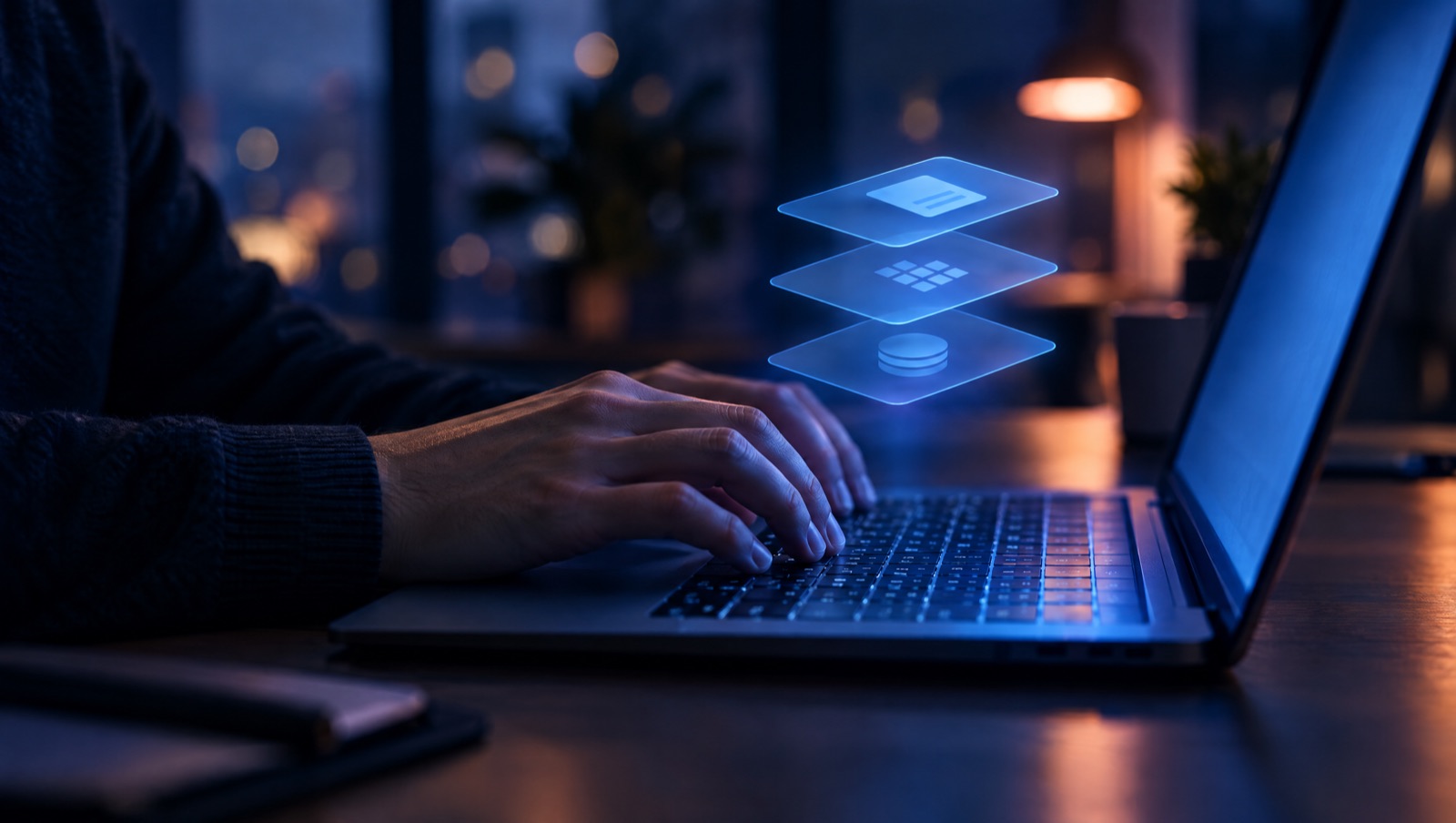 Hands on a laptop with three floating, glowing layers above it
