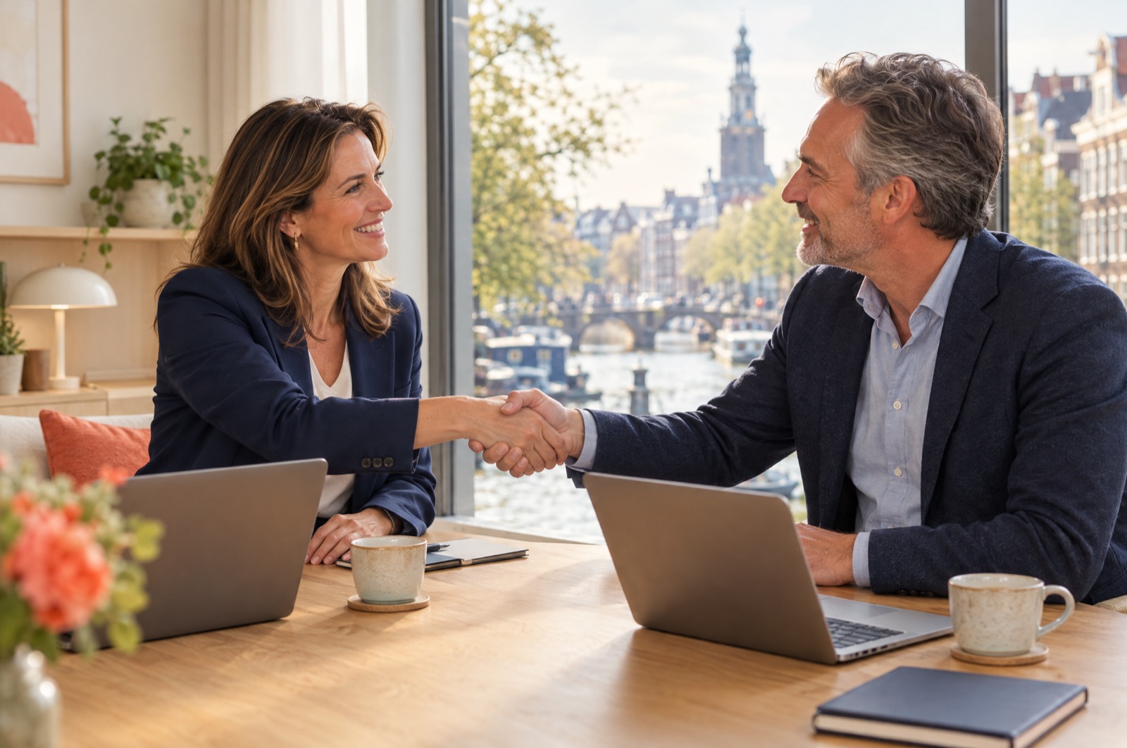 Two MSP owners shaking hands at a table overlooking a canal