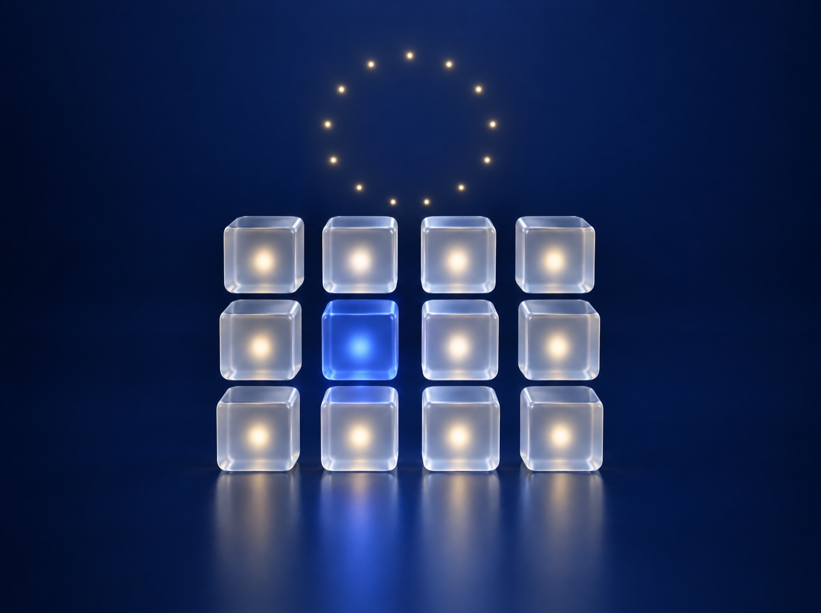 Abstract image of separated glass blocks beneath a ring of light points